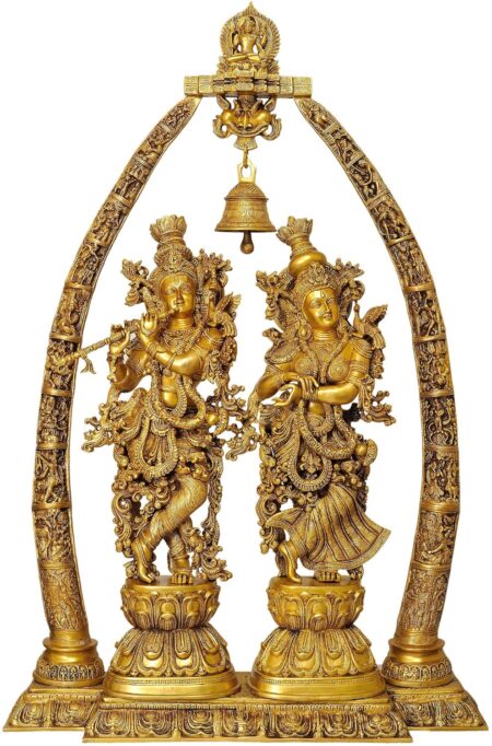 Radha Krishna with Arch Showing Krishna Leela - Brass Statue - Image 3