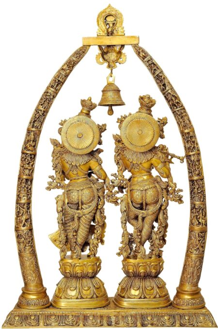 Radha Krishna with Arch Showing Krishna Leela - Brass Statue - Image 2