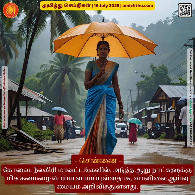 16-july-2025 - The Meteorological Department has announced that very heavy rainfall is likely to occur in Coimbatore and Nilgiris districts for the next six days
