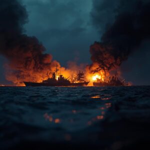 2 small warships collided accidentally at night in the sea, and fire and smoke could be seen from a distance, looking like a realistic (3)