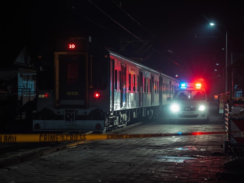 Train in Sri Lanka, crime scene sign around, emergency vehicle