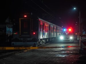Train in Sri Lanka, crime scene sign around, emergency vehicle